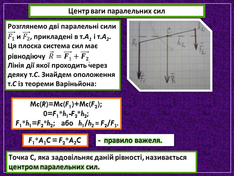 Центр ваги паралельних сил Mc(R)=Mc(F1)+Mc(F2); 0=F1*h1-F2*h2; F1*h1=F2*h2; або Центр ваги паралельних сил Mc(R)=Mc(F1)+Mc(F2); 0=F1*h1-F2*h2; F1*h1=F2*h2; або